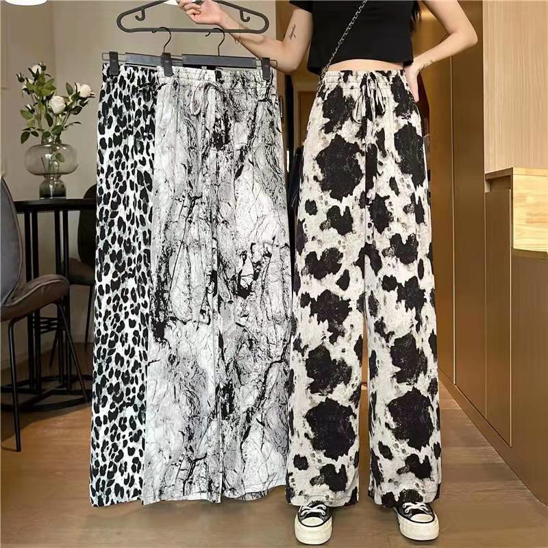 Ink Painting Ice Silk Wide-Leg Pants Women's Summer High Waist Loose Drooping Straight Mopping Pants All-Match Chiffon Casual Pants