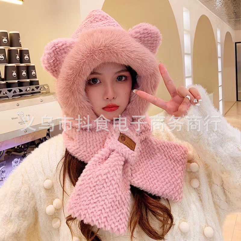 New All-Match Bear Hat Scarf Women's Autumn and Winter Riding Cold-Proof Warm Ear Protection Cute Plush Gloves