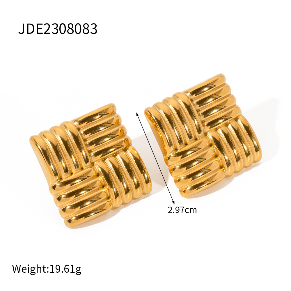 High Sense Fashion Personalized Ear Clips 18K Gold Stainless Steel Square Texture Stud Earrings Graceful Earrings Wholesale