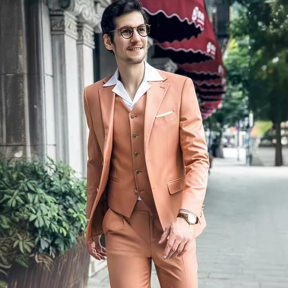 土红色西服男士三件套装韩版修身新郎结婚礼服商务时尚休闲通勤