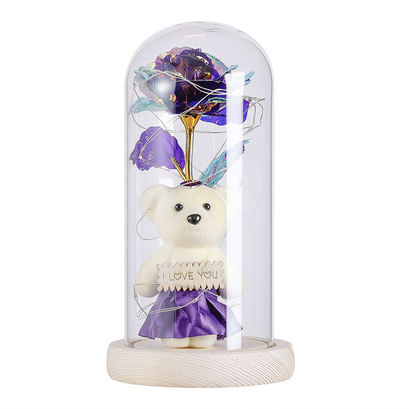 Factory Wholesale Handmade Glass Cover Gift Box Bear Rose Ribbon Lights Birthday Gift Cross-Border Premium