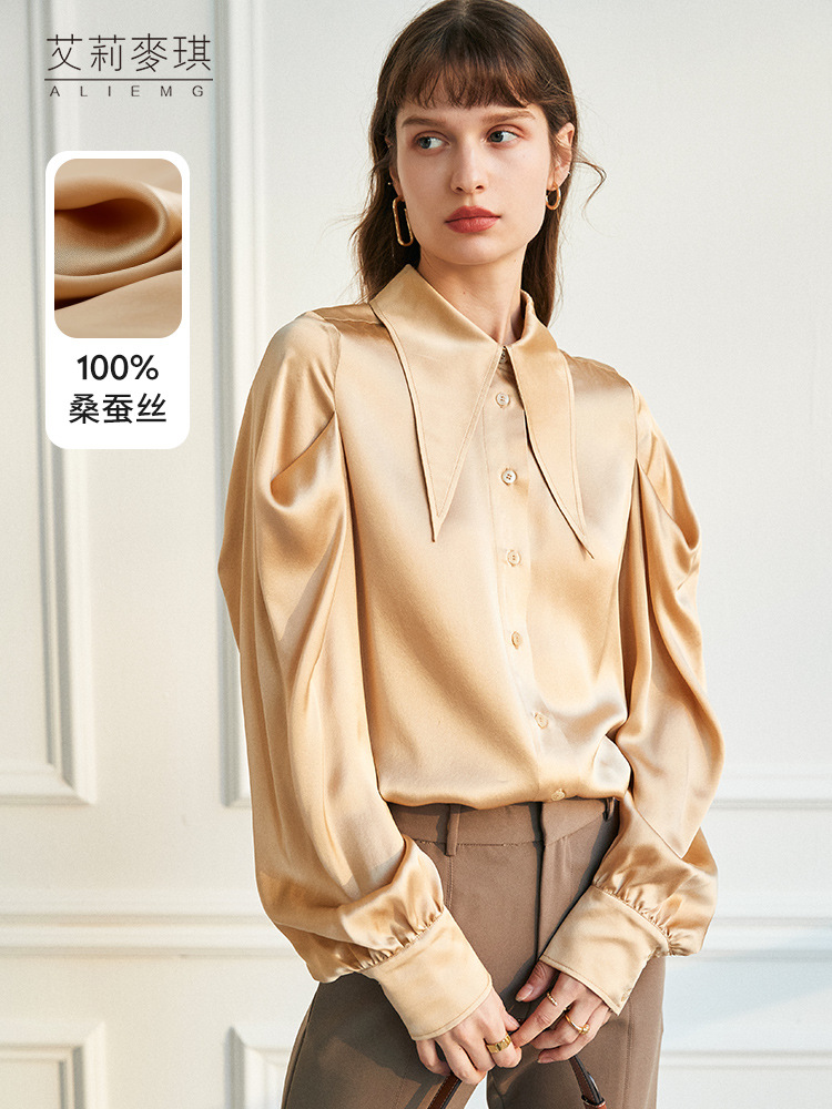 真丝衬衫女高级感小众尖领女式上衣时尚桑蚕丝缎面衬衣轻熟港风