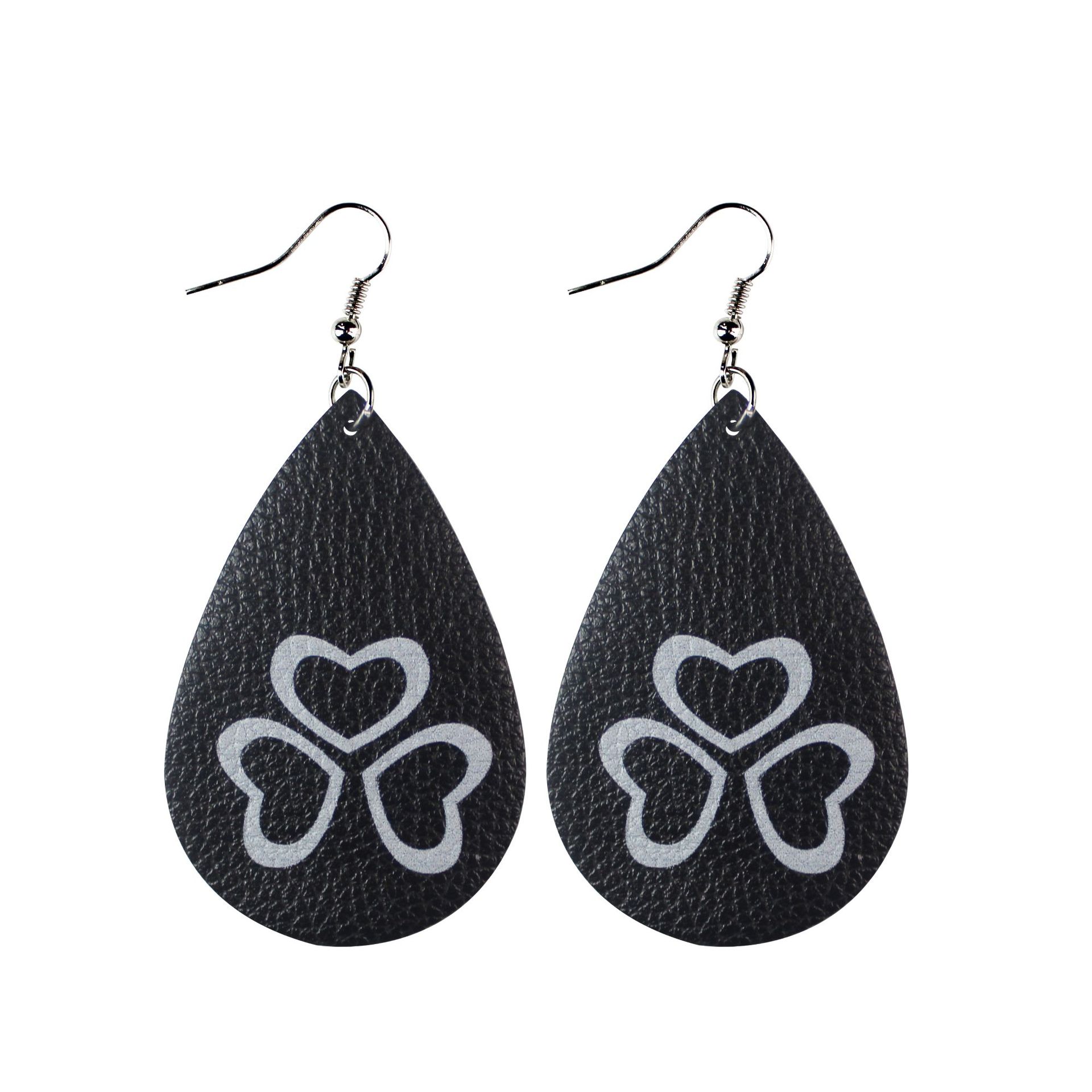 San Pajie Irish Clover Leather Printed Earrings Pu Eardrops Cross-Border Amazon Water-Drop Eardrops Women