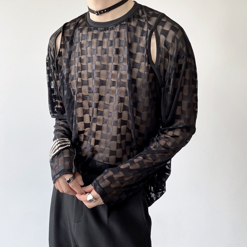 2022夏天夜店禁欲系长袖t恤透视装男镂空性感网纱内搭t打底衫