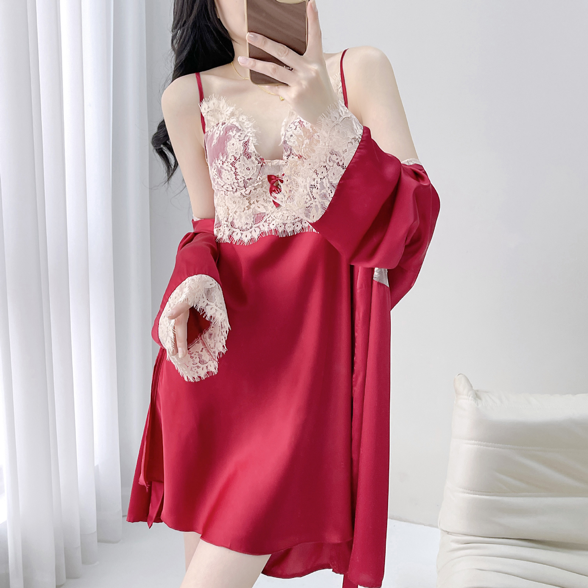 2024夏季新款纯色蕾丝吊带睡裙女薄款性感冰丝睡衣两件套家居服
