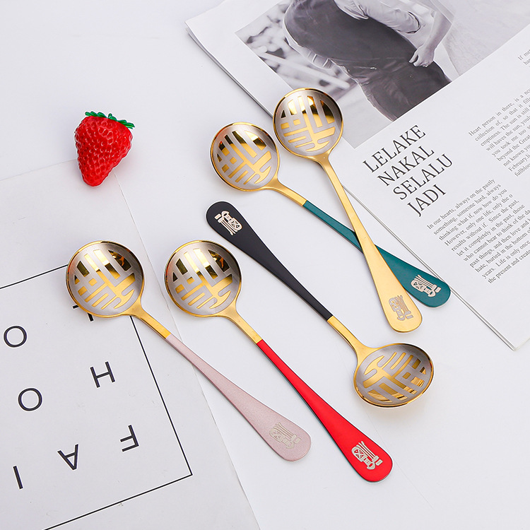 410 Stainless Steel Mesh Red Spoon Creative National Style Tableware Fu Character Spoon Dessert Spoon Hongjin round Spoon Thickened