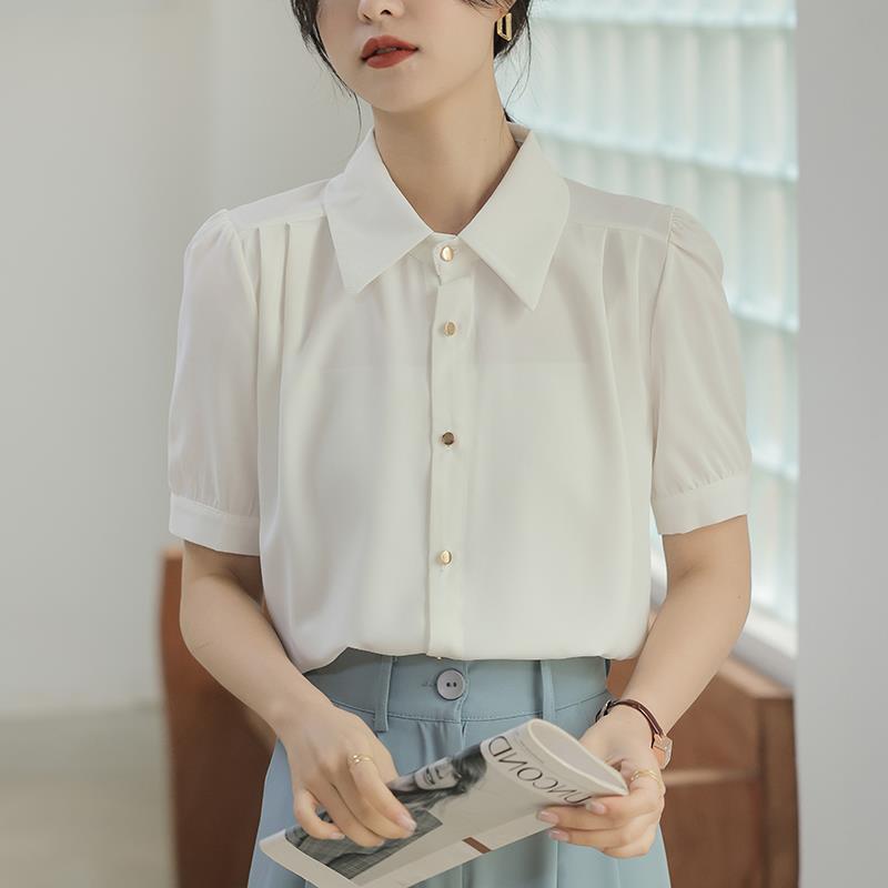 夏季新款短袖衬衫女职业白色衬衣面试正装工作服宽松百搭雪纺上衣