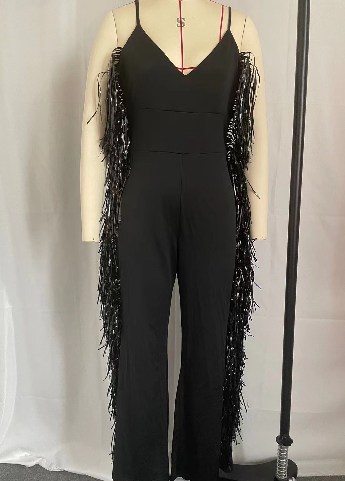 跨境外贸亚马逊欧美女装新款时尚吊带流苏v领黑色直筒裤 连体裤