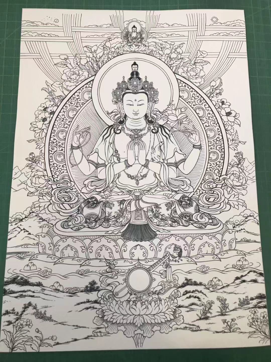 四臂观音唐卡 手绘唐卡填色涂色 diy 唐卡西藏手绘白描图描金底稿