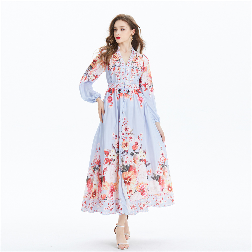 外贸欧美亚马逊2024春夏季时尚飘逸印花长袖名媛度假连衣裙dress