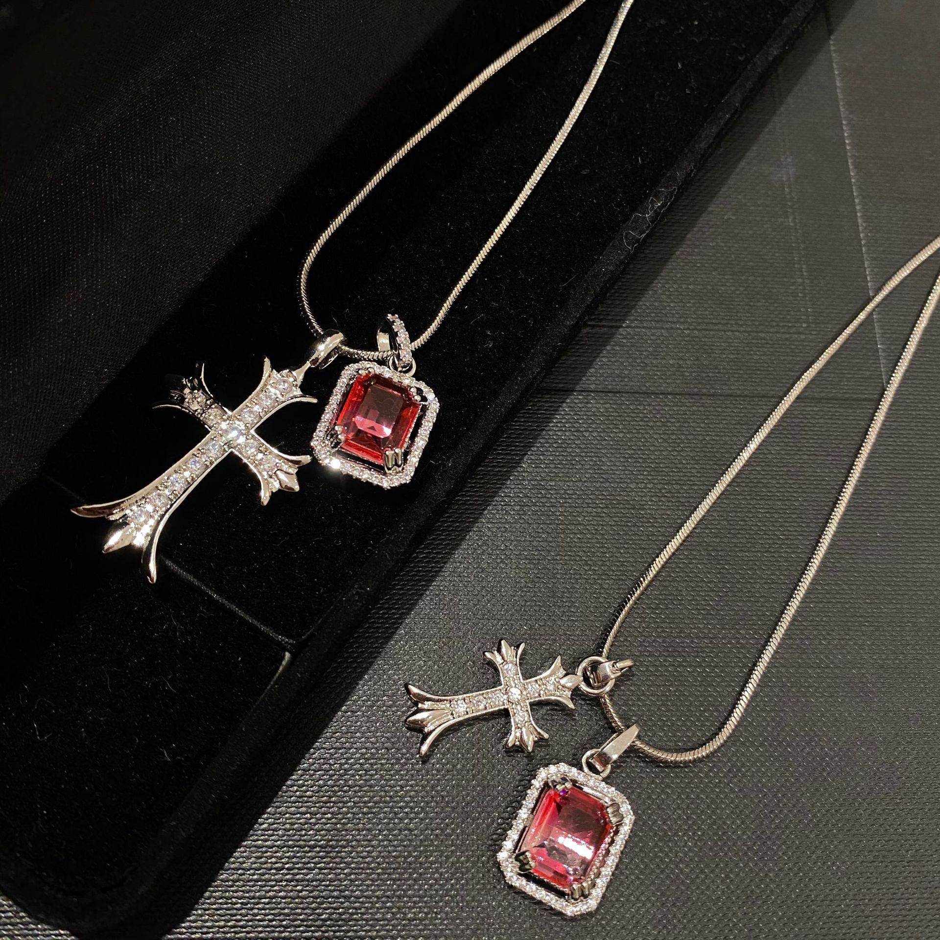 du家渐变粉色彩宝碧玺十字架锆石项链 网红直播热卖锁骨链女 两用