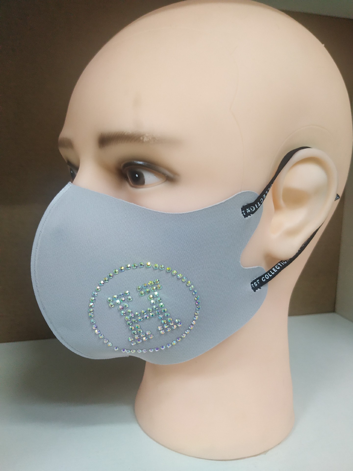 新款夏季冰丝布烫钻字母口罩防晒薄款挂耳式水洗带黑色钻水钻口罩