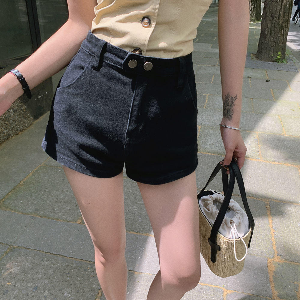 实拍夏装新款紧身弹力热裤女百搭包臀显瘦黑色高腰牛仔裤超短裤潮