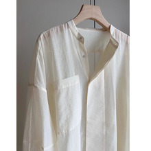 日系棉立领白衬衫女设计感不对称斜襟防晒长袖宽松衬衣单排扣上衣