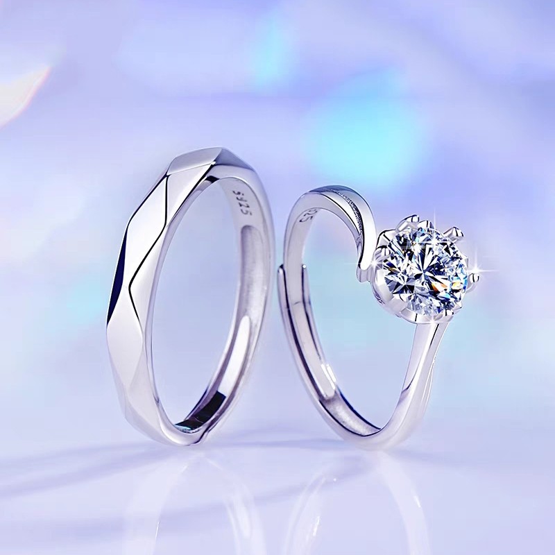 纯白铜不掉色超值莫桑石情侣戒指送男女朋友情侣款求婚结婚婚对戒