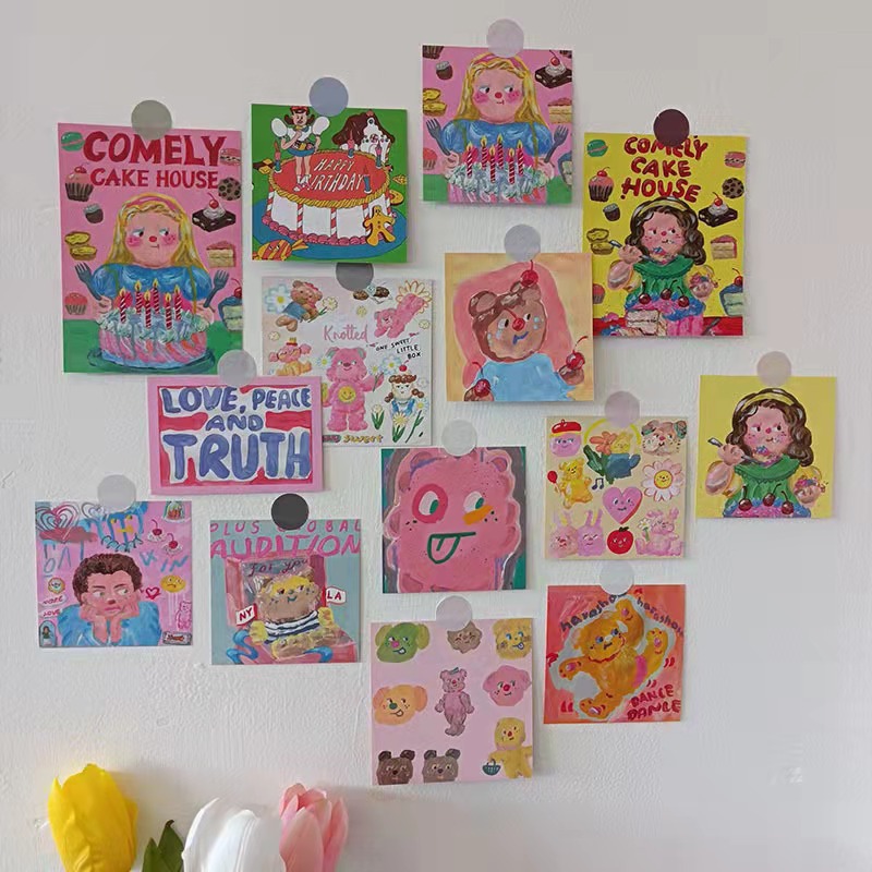 清仓ins风可爱油画小熊卡片手帐插画素材墙面装饰小卡