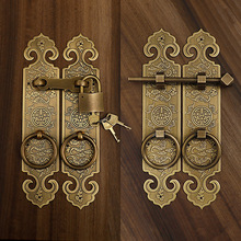 中式大门拉手铜蝙蝠雕花加厚木门直条把手门搭扣锁插销拉环明装
