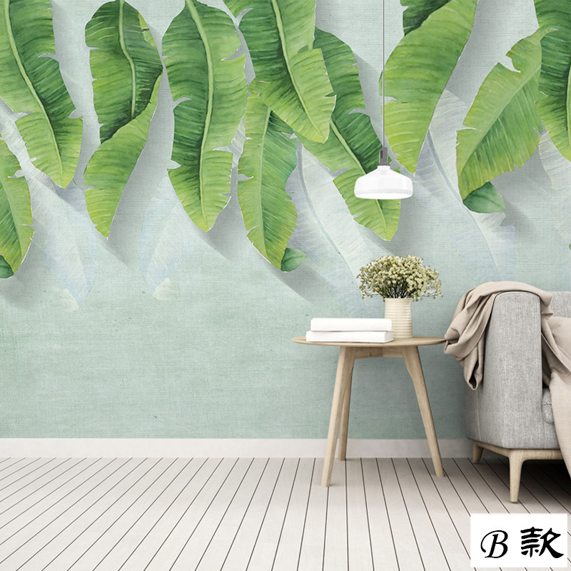 雅固现代艺术影视墙布壁纸清新绿色芭蕉叶客厅沙发电视背景墙壁画