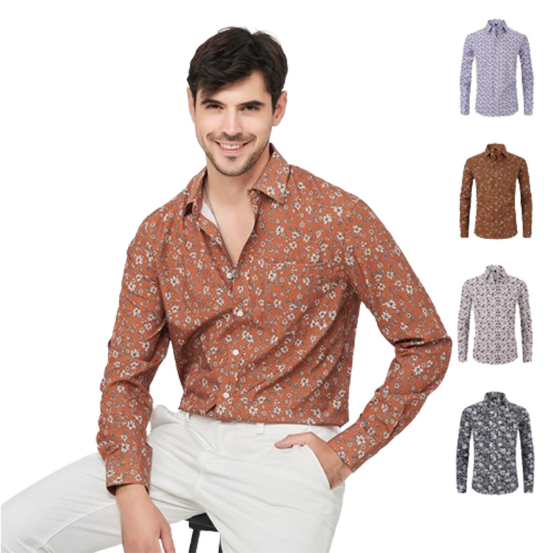 men‘s new printed foreign trade shirt spring and summer cross-border lapel long sleeve loose us size men‘s large size shirt men‘s autumn