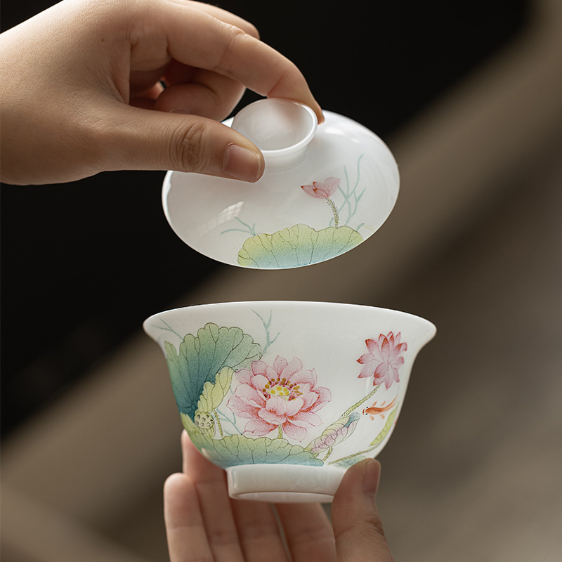 ice jade porcelain high-end hand-painted flower sancai gaiwan tea cup single porcelain gaiwan sancai tea bowl tea cup