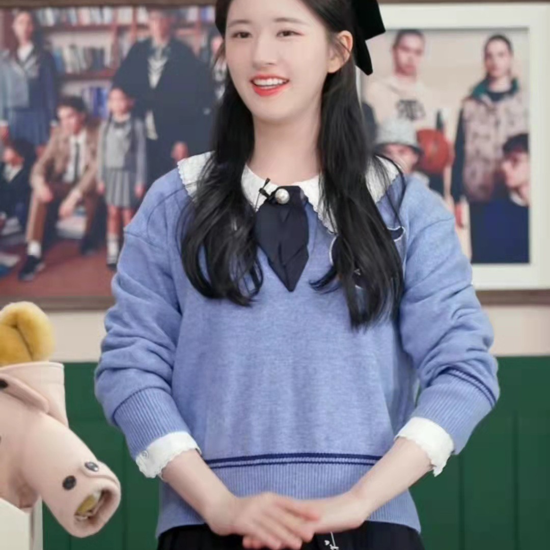 赵露思明星同款娃娃领2021新款蝴蝶结针织衫毛衣女