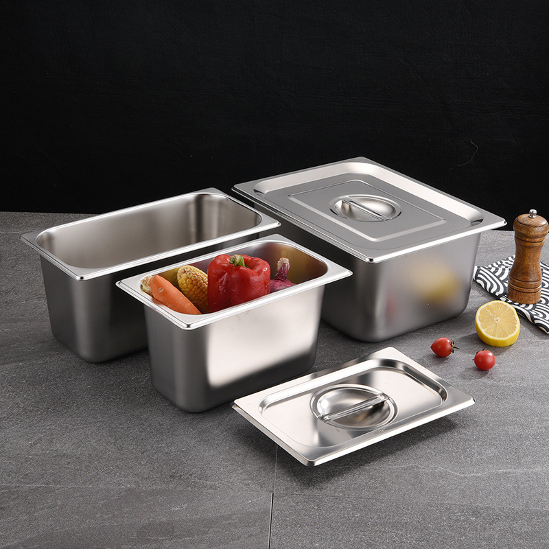 304 Stainless Steel Gastronorm Pan Thickened Buffet with Lid Insulation Plate Food Basin Stainless Steel Rectangular Score Plate