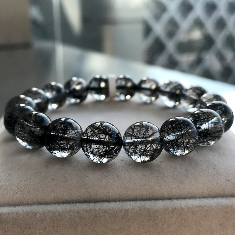 巴西天然黑发晶手链送男友聚宝盆黑水晶手串发晶手链男女学生钛晶