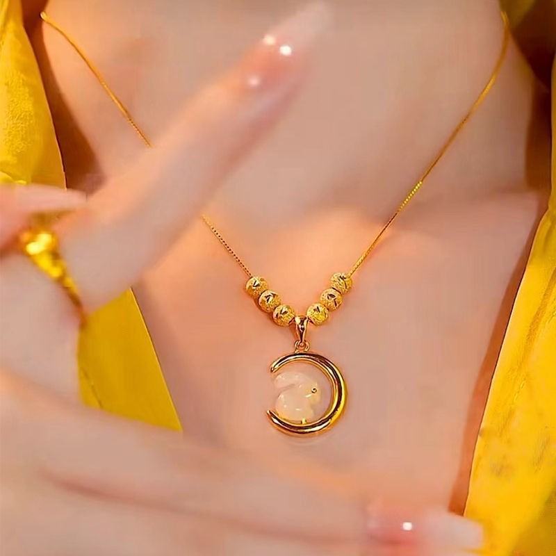 Tiktok Same Style Red Agate Cross Chain Women's Fairy Curling Golden Moon Rabbit Zodiac Jade Hare Look