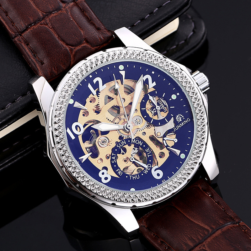 junming帅气时尚大盘男士皮带防水全自动机械手表男学生表机械表