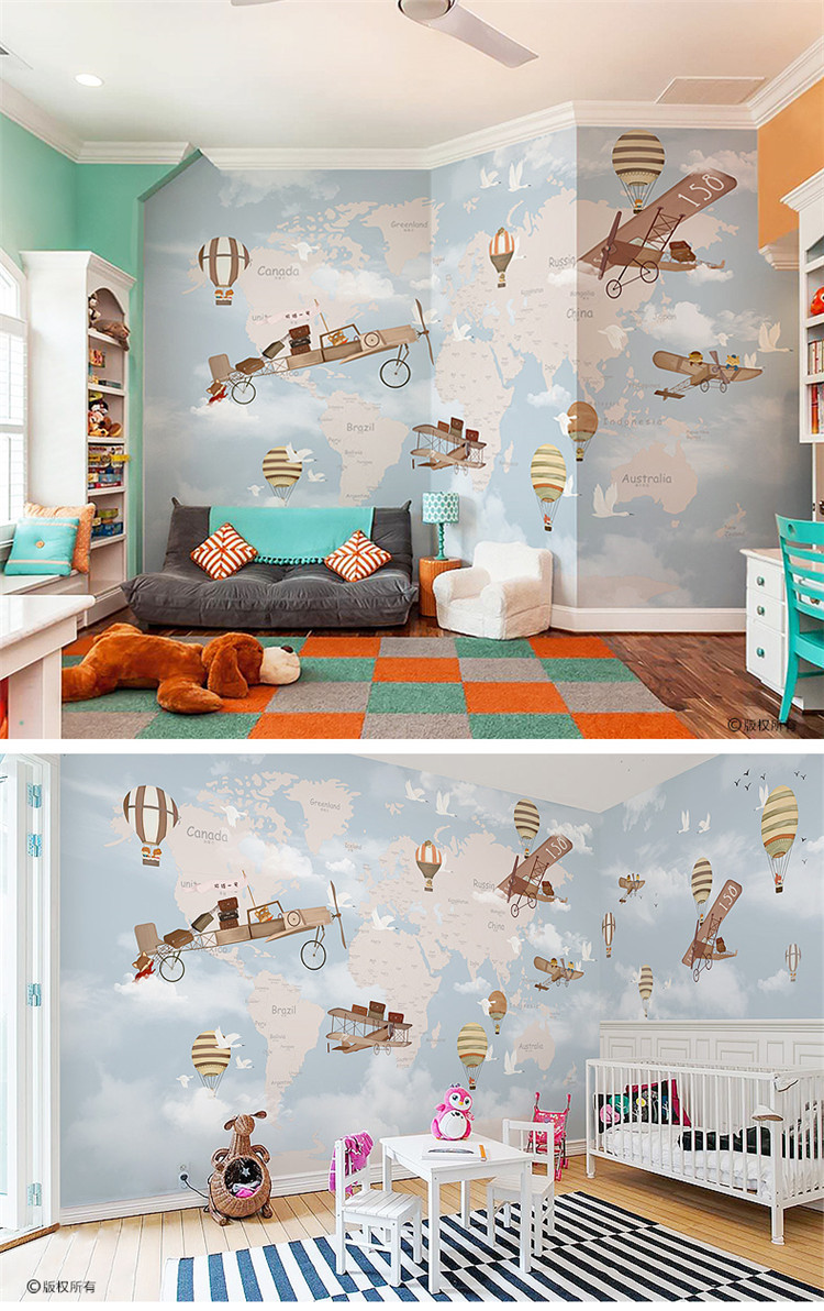 北欧儿童房墙纸男孩房间壁纸卧室背景墙壁画卡通飞机世界地图墙布
