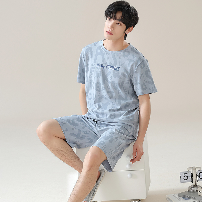 Men's Pajamas Summer Cotton Short-Sleeved Shorts Casual Youth Spring and Summer Can Be Worn outside Cotton Home Wear Set