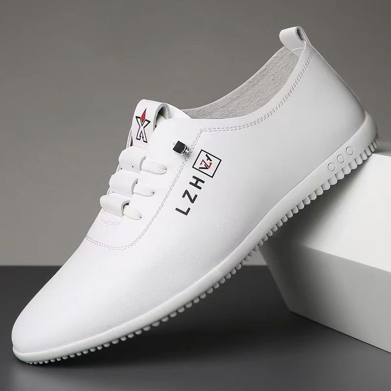 Genuine Leather Soft Bottom Men's New Fashion White Shoes Breathable Korean Style Casual Non-Slip Gommino Board Shoes Fashionable Leather Shoes