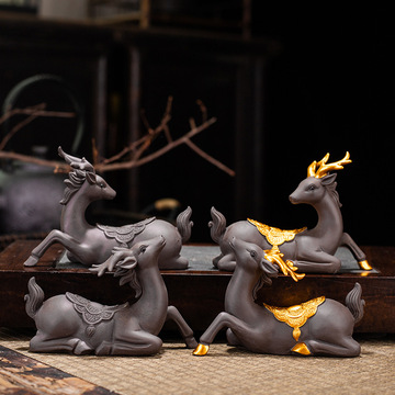 紫砂可养招财茶具茶桌茶宠摆件精品禅意茶道茶台装饰鹿虎一件代发