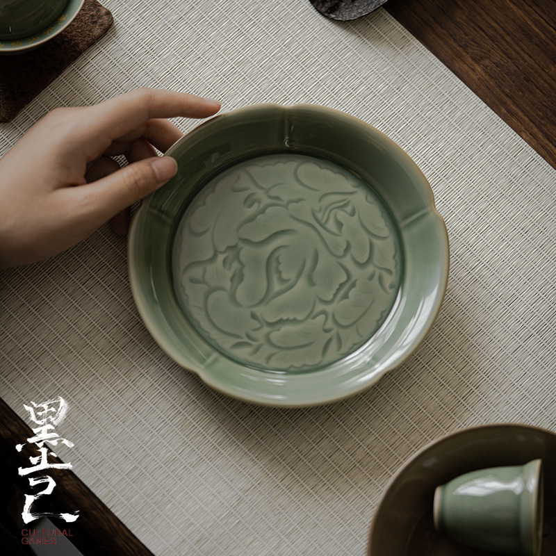 墨己 越窑半刀泥壶承 青瓷影雕花纹茶点盘 茶道配件葵口底盘底托