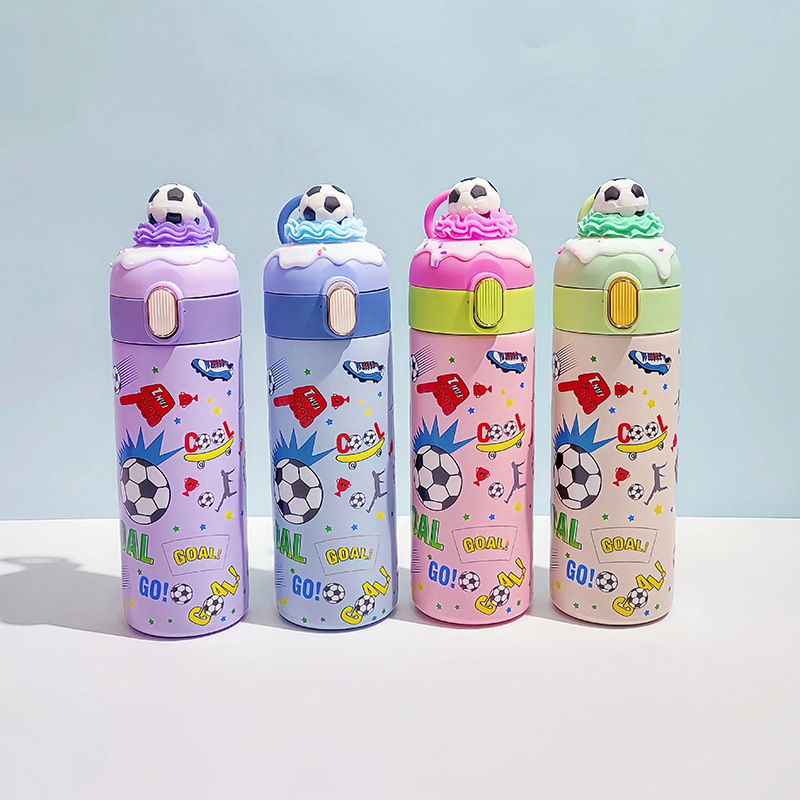 Factory Direct Sales Cross-Border 304 Stainless Steel Thermos Cup Solid Color Handle Cover Cartoon Uv Print Football Straight Glass