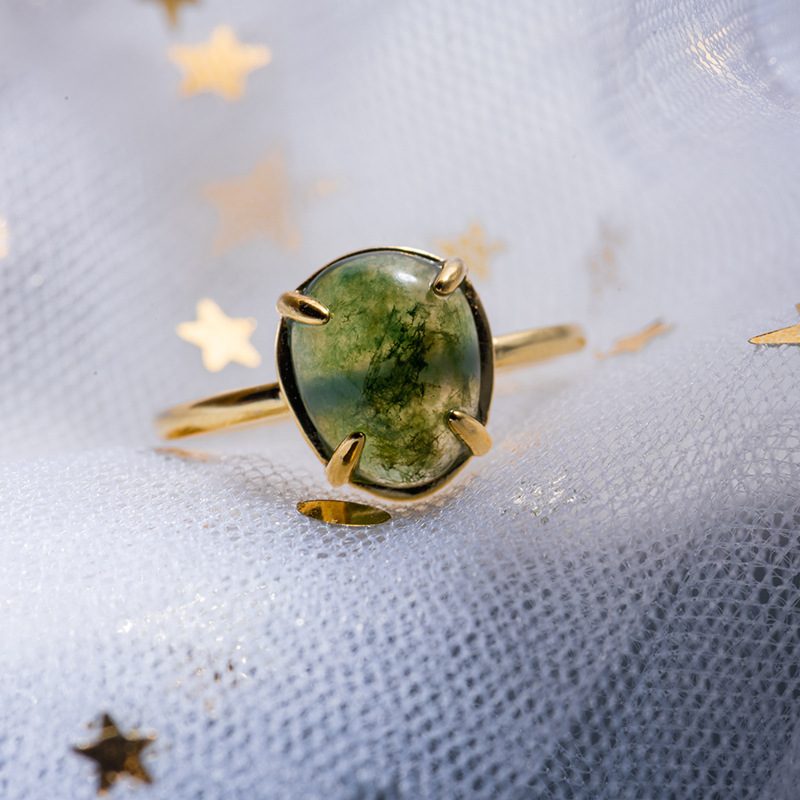 日系轻奢新品天然海藻绿玛瑙水草石925银戒指复古简约水滴型 戒指