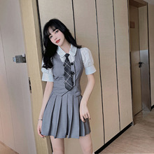 2022夏JK套装女百褶裙学院风班服英伦韩式校服马甲西装三件X9395