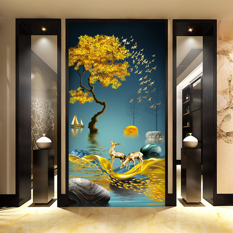 福鹿招财入户进门墙壁纸3d走廊过道墙布玄关墙纸壁画竖版8d装饰画