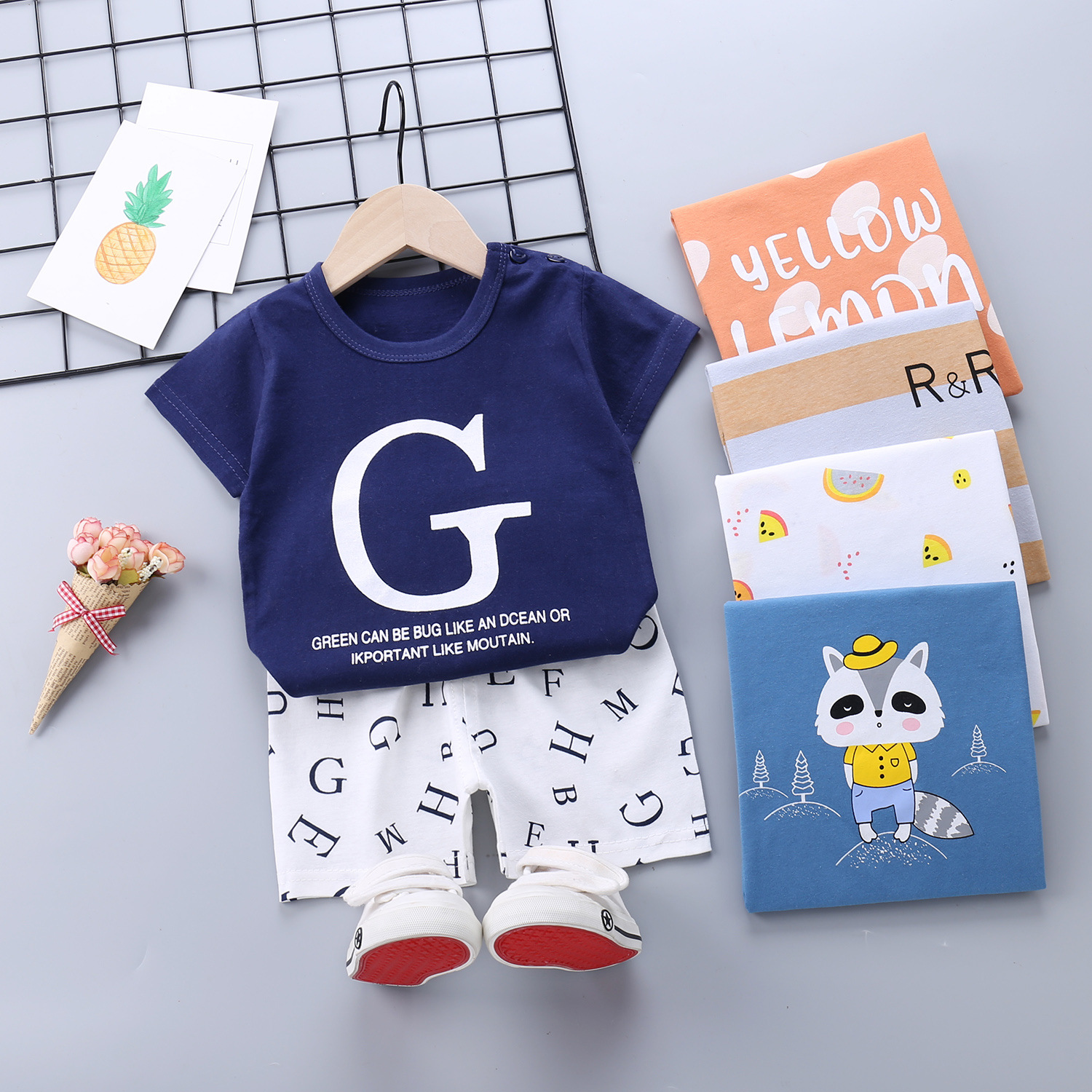 Children's Short-Sleeved Suit Cotton Summer Baby Clothes Korean Style Girls' T-shirt Boys' Clothing Foreign Trade Children's Wear Wholesale