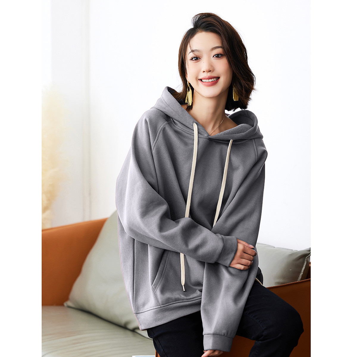 套头加绒连帽卫衣女款空气层大码宽松纯色百搭中长款上衣帽衫秋冬