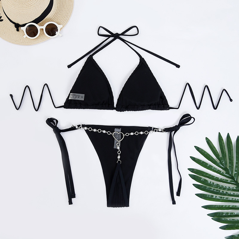 2024新款外贸泳衣纯色系带挂脖温泉比基尼亚马逊三点式泳装bikini