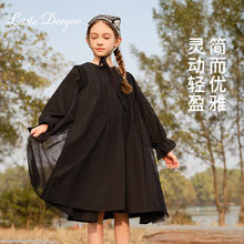 女童法式连衣裙2024春装新款中大童小女孩气质高级感花苞袖小黑裙