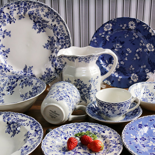 外贸出口英国johnson brothers原单陶瓷餐具蓝色西餐盘子碗德文郡