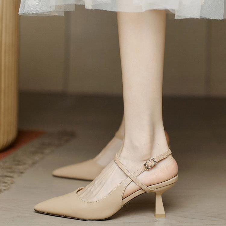 裸色包头高跟凉鞋女细跟尖头2024年春夏新款伴娘一字带配裙子单鞋