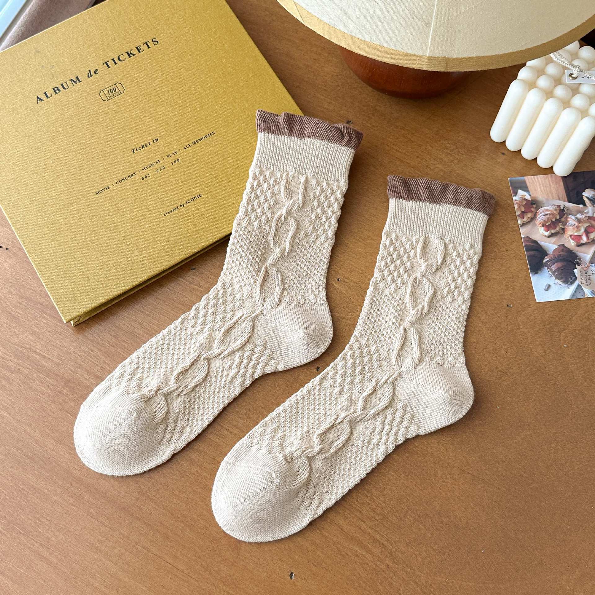 Autumn Winter Retro College Style SocksJapanese Style Solid Color Embossed Tube SocksBubble Mouth Lace Ins Mori Style Women's Socks