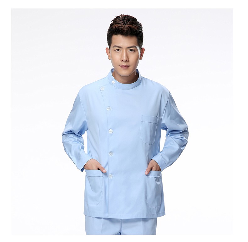 厂家现货冬装长袖浅蓝色立领偏襟男护士服牙科口腔诊所工作服