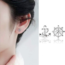 S999纯银船舵船锚耳钉女简约流行几何形不对称耳饰品韩版小众设计