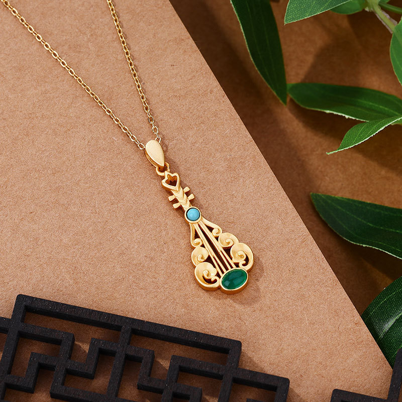 国潮项链古法金工艺宫廷风设计琵琶玉髓吊坠古风汉服搭配项链女