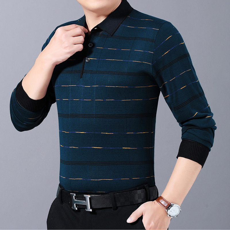 春秋款翻领针织衫男新款中老年男士长袖宽松打底衫爸爸装男装体恤