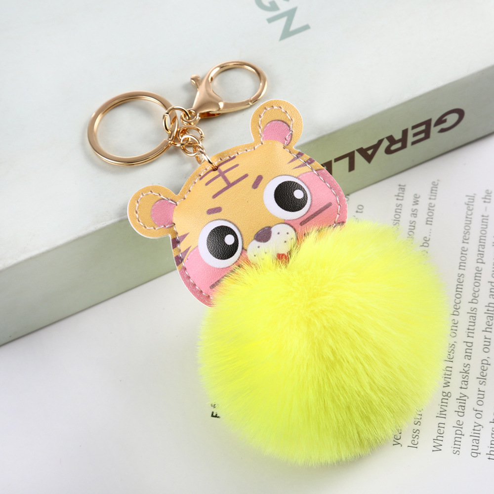 Cross-Border Cartoon Tiger Imitation Rex Rabbit Fur Ball Keychain Women's Bag Bag Charm Tiger Year Plush Pendant Small Gift